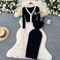Classy sense v neck diamond-encrusted embroiderlong sleevesknittingcardigan women's winter french stretch tight hip-hugging suspender dress
