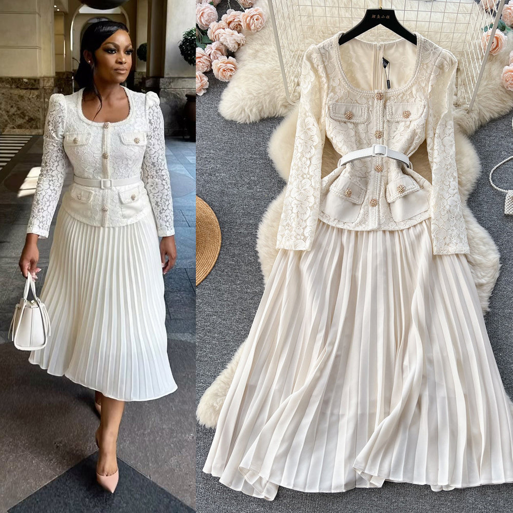 French chic dress - premium quality, heavily beaded, metal buckle, square neck, lace trim, pleated fairy dress