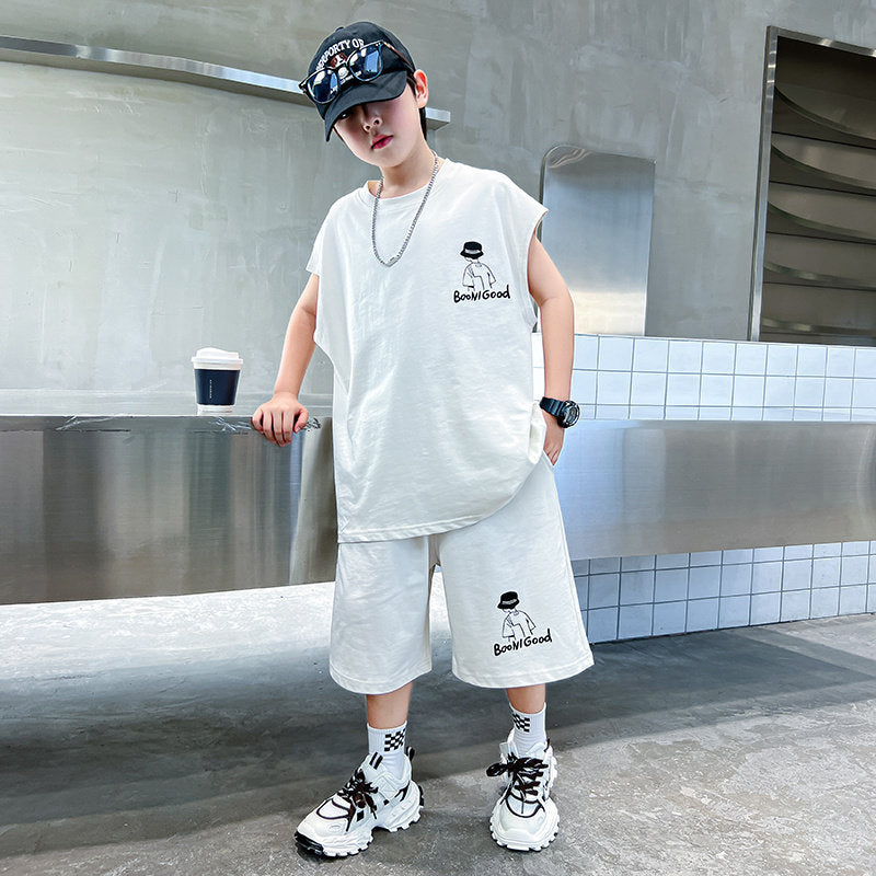Boys' summer outfit set  new kids' summer tracksuit big kids' tank top stylish boy's lightweight two-piece set
