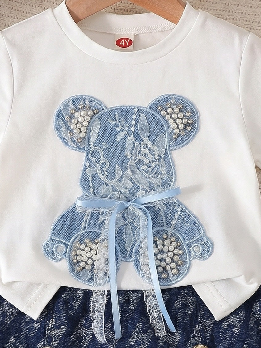 spring/summer new arrival: cross-border girls' knitted top with bear appliqué + denim skort two-piece set