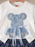 spring/summer new arrival: cross-border girls' knitted top with bear appliqué + denim skort two-piece set