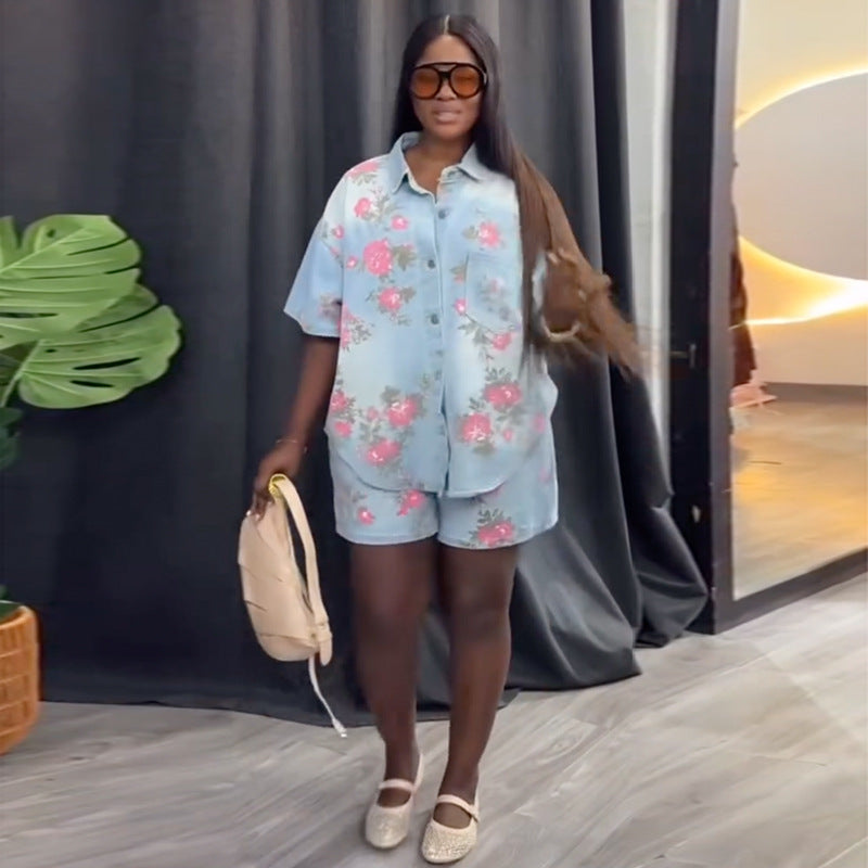 European and american cross-border women's fashion  summer new arrival: stylish turn-down collar printed loose-fit short-sleeve denim shirt and shorts set