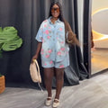European and american cross-border women's fashion  summer new arrival: stylish turn-down collar printed loose-fit short-sleeve denim shirt and shorts set