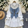 Autumn new arrivals: women's elegant, niche, french-style cinched waist single-breasted long-sleeve shirt dress + denim cami tank top