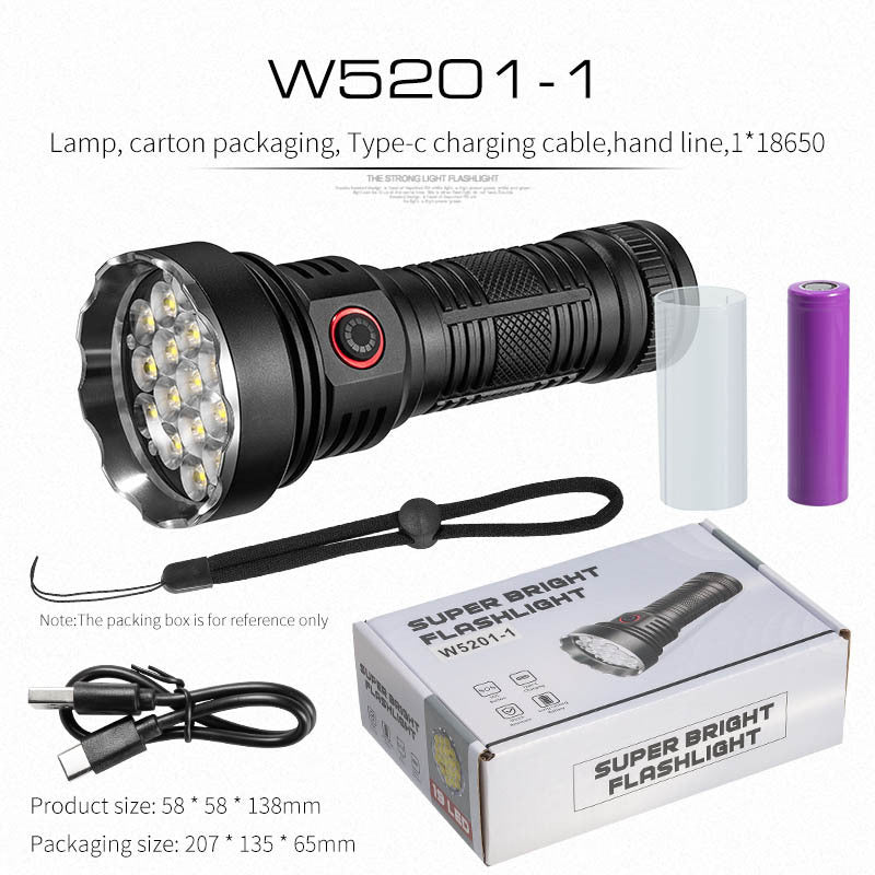 Cross-border new 19LED strong light flashlight Type-C rechargeable outdoor fixed focus flood light high power flashlight