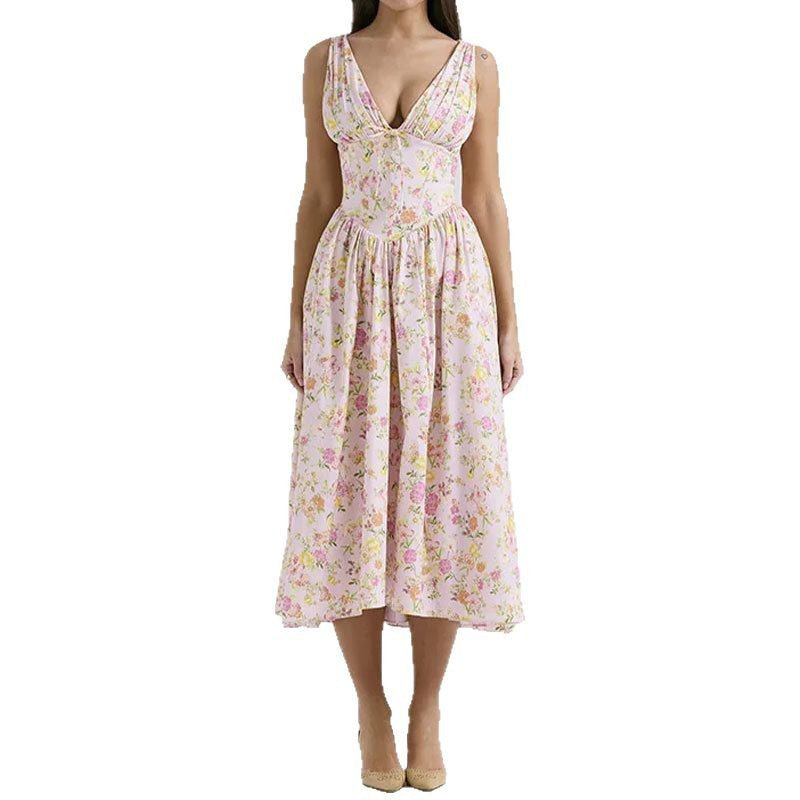 cross-border e-commerce women's fashion: european and american summer new arrivals - elegant v-neck camisole waist-cinching maxi dress