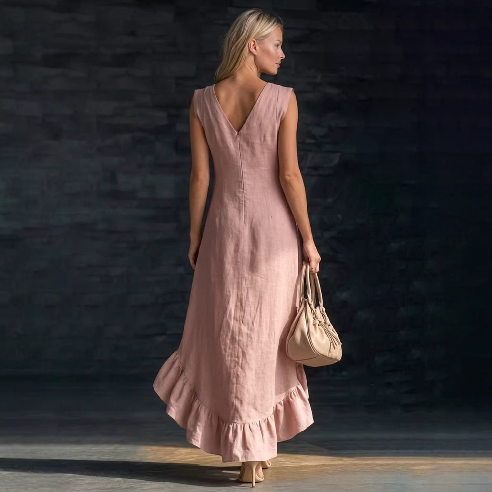 european and american cross-border  new fashion romantic sleeveless v-neck ruffle hem cotton linen maxi dress