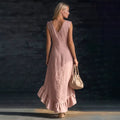 european and american cross-border  new fashion romantic sleeveless v-neck ruffle hem cotton linen maxi dress