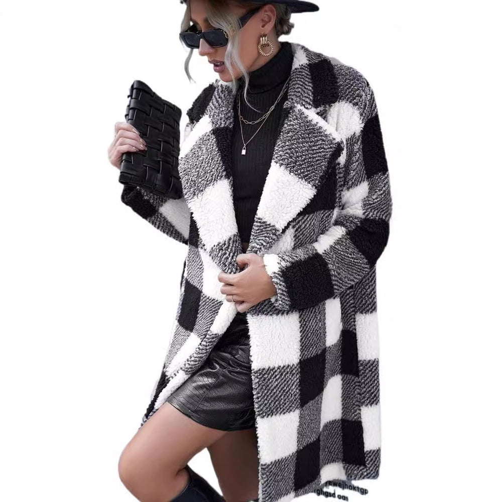 2025 new european and american autumn collection women's lapel long sleeve open front plaid longline loose casual coat