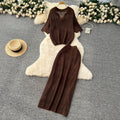 Summer women's gentle style versatile chic hollow-out crochet knit top & high-waisted bodycon midi skirt korean two-piece set