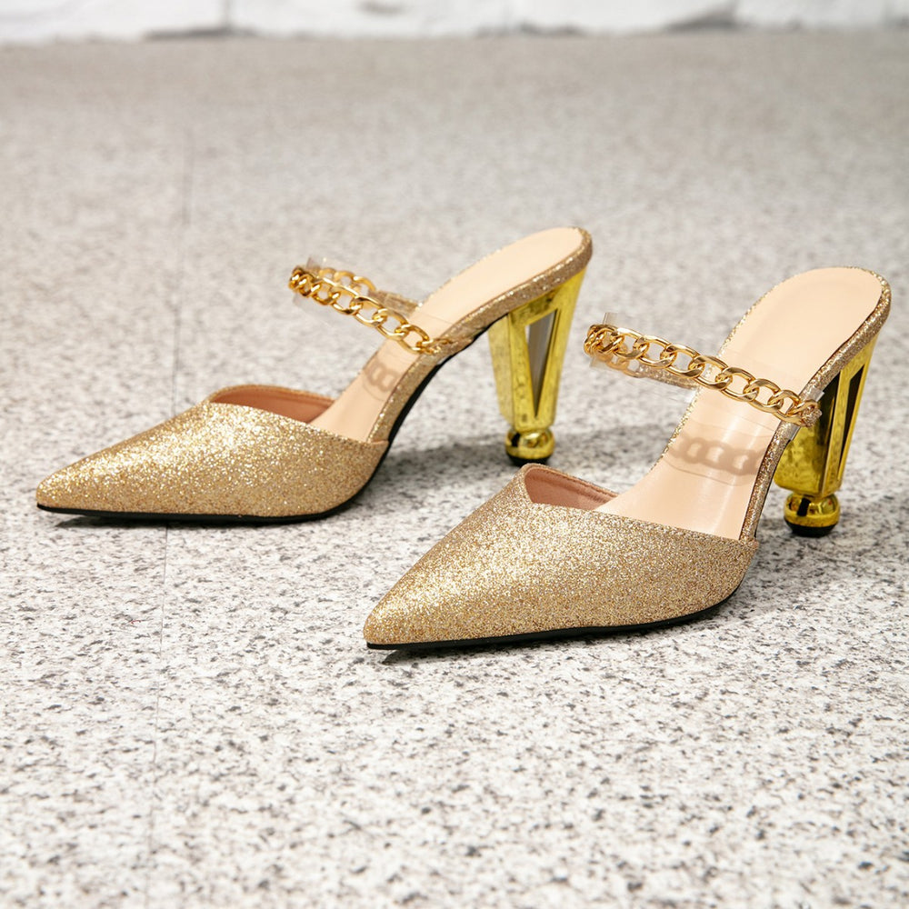 Women's gold heeled sandals - party shoes with unique heel, fashionable evening wear, metal chain detail