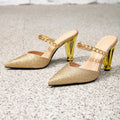 Women's gold heeled sandals - party shoes with unique heel, fashionable evening wear, metal chain detail