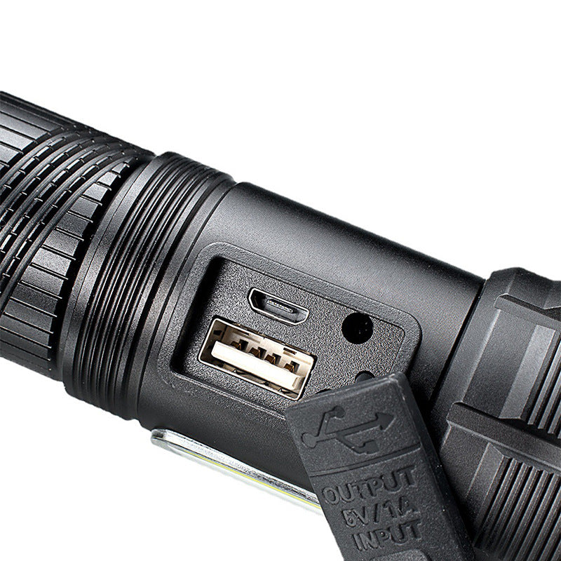 Cross-border new XHP90 + COB strong light flashlight USB charging outdoor zoom remote shooting tactical LED flashlight