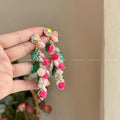 French pink girly rose flower earrings - forestcore dopamine vacation style tassel studs - light luxury ear jewelry