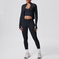 New solid color knitted compression seamless yoga set - quick-dry, breathable, outdoor casual running & fitness 3-piece set
