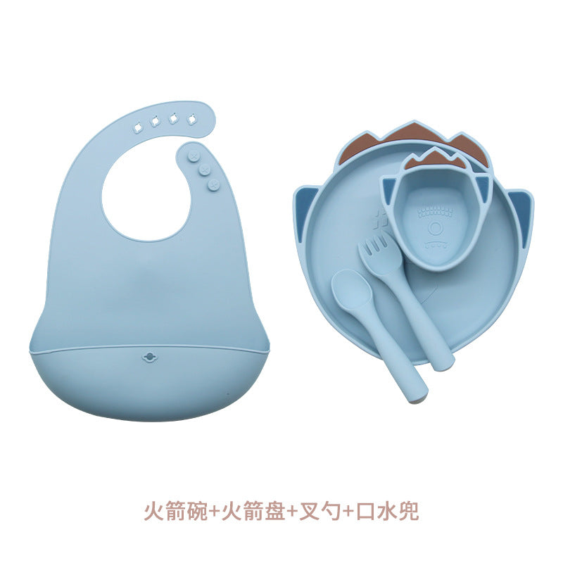 Customized silicone plate set, anti-drop baby bowl saliva pocket, multi-color cute style children's tableware set