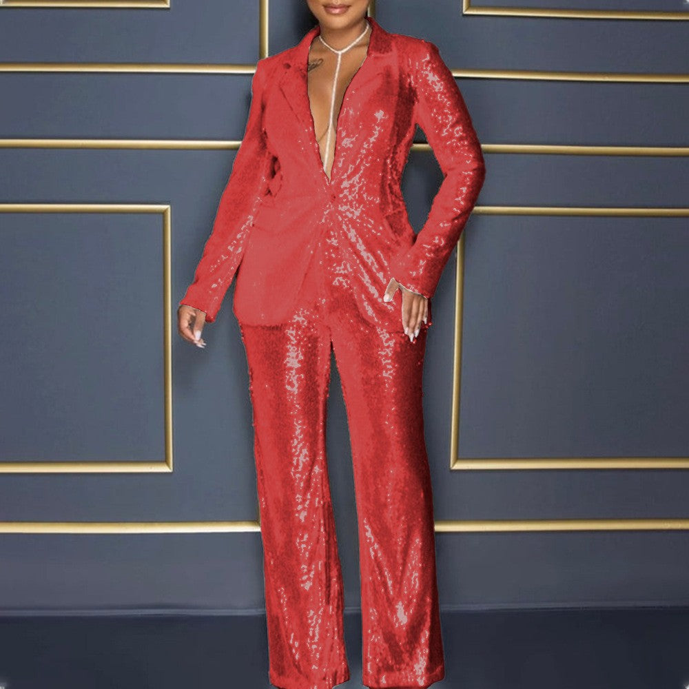 summer cross-border jumpsuit: new european and american style  women's long-sleeve v-neck sequin jumpsuit two-piece set