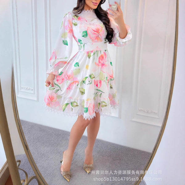 ODF4473 European and American lace splicing flower printing horn sleeve waist vacation casual dress