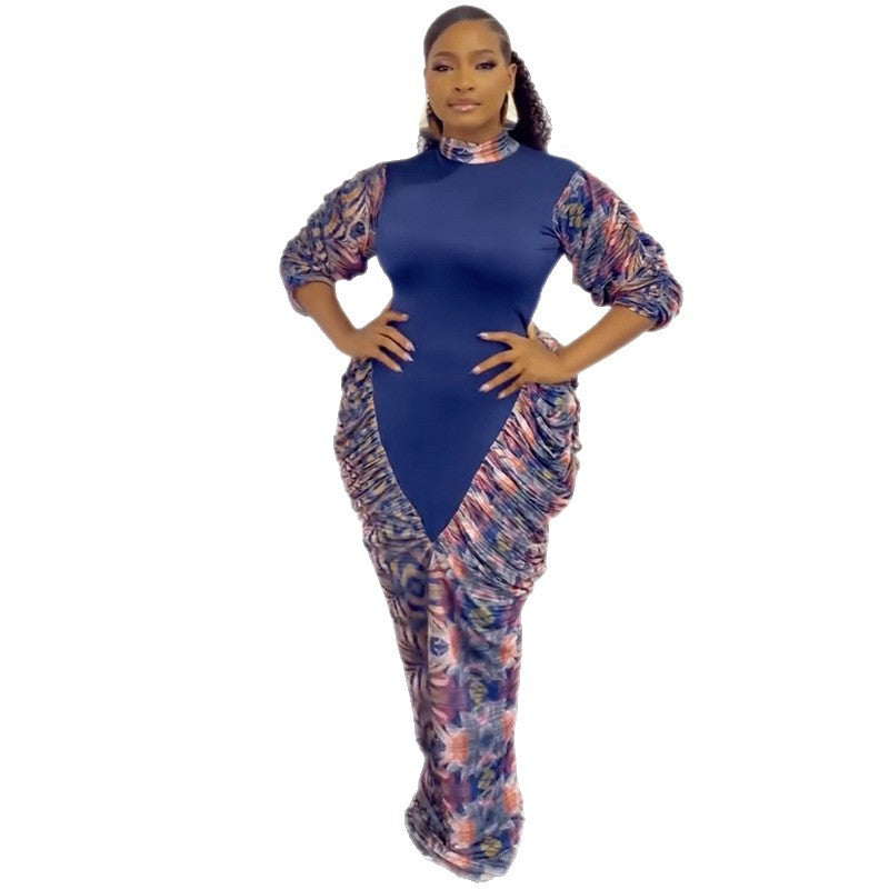 European and American  women's clothing 2025 autumn new fashionable and elegant turtleneck lantern sleeve slim-fit hip-wrapped printed dress