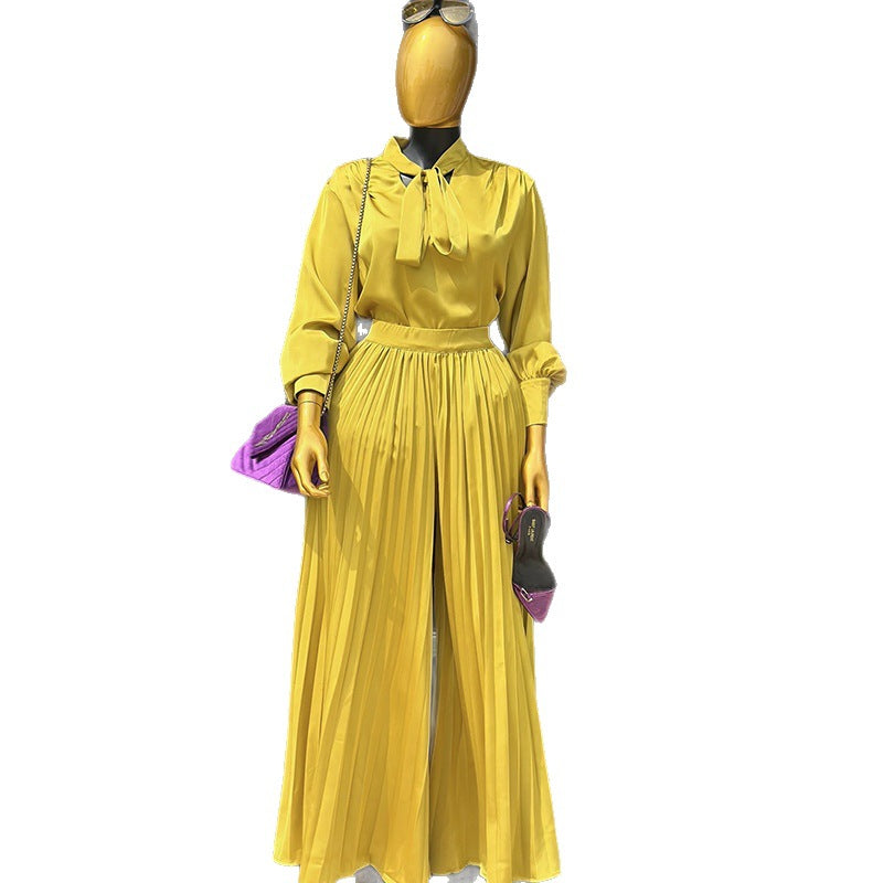 European and american cross-border women's fashion:  spring new collection - stylish tie-waist long sleeve blouse and high-waisted pleated wide-leg pants set