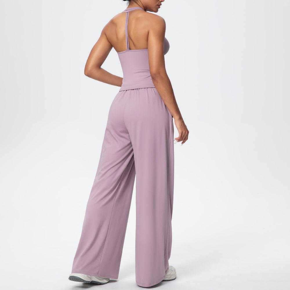 i-shaped v neck beautiful back tight breathable pure color wide-leg yoga suit sports running fitness suit for women