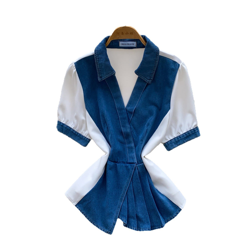 Lazy feeling work clothing style patchwork denim shirt for women summerk-style short-sleeved waist-cinching light mature niche stylesense of designtops
