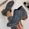 Plus size leather belted mid-heel ankle boots -  autumn new collection - pointed toe, side zipper, chunky heel, retro martin boots for women