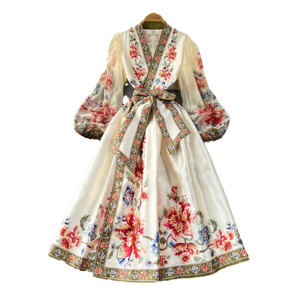 French retroelegancedress women's classy palace style printingtie back waist elegant dressfashionlong skirt