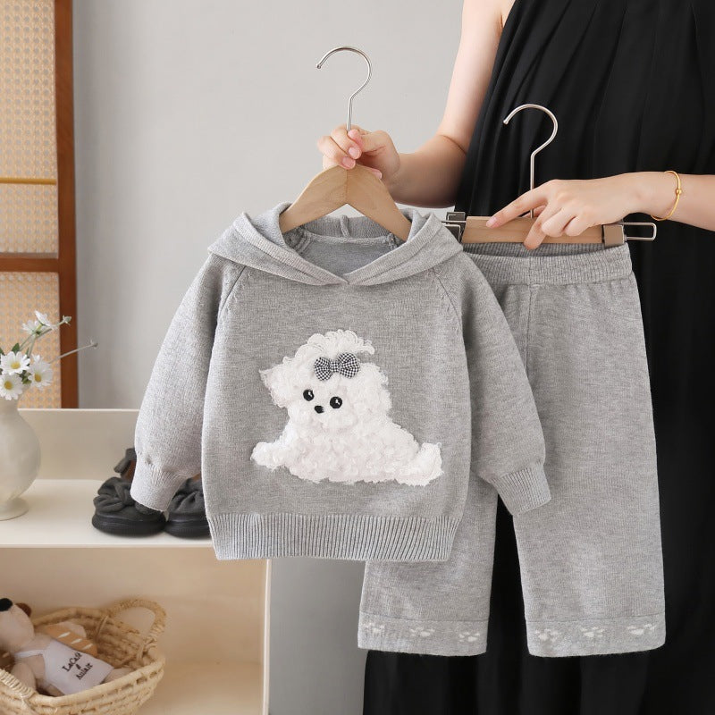 Kids' sweater set - new autumn/winter collection - baby girl cute cartoon puppy hooded knit sweater and pants set