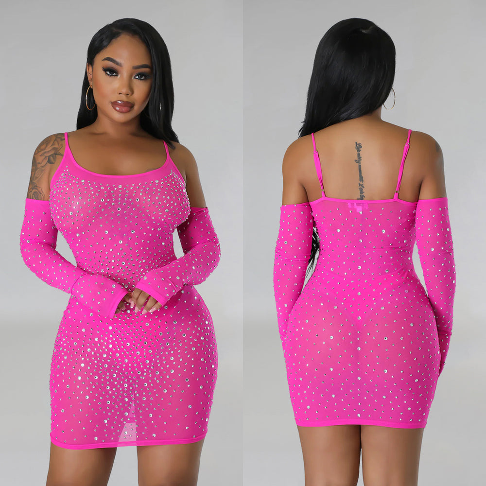 C6507   fashion women's solid color mesh rhinestone see-through suspender mini dress