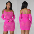 C6507   fashion women's solid color mesh rhinestone see-through suspender mini dress