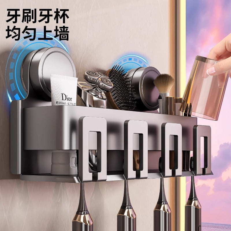 Suction cup toothbrush holder - no drilling required, toothbrush & mouthwash cup organizer, toothpaste dispenser, wall-mounted bathroom storage rack