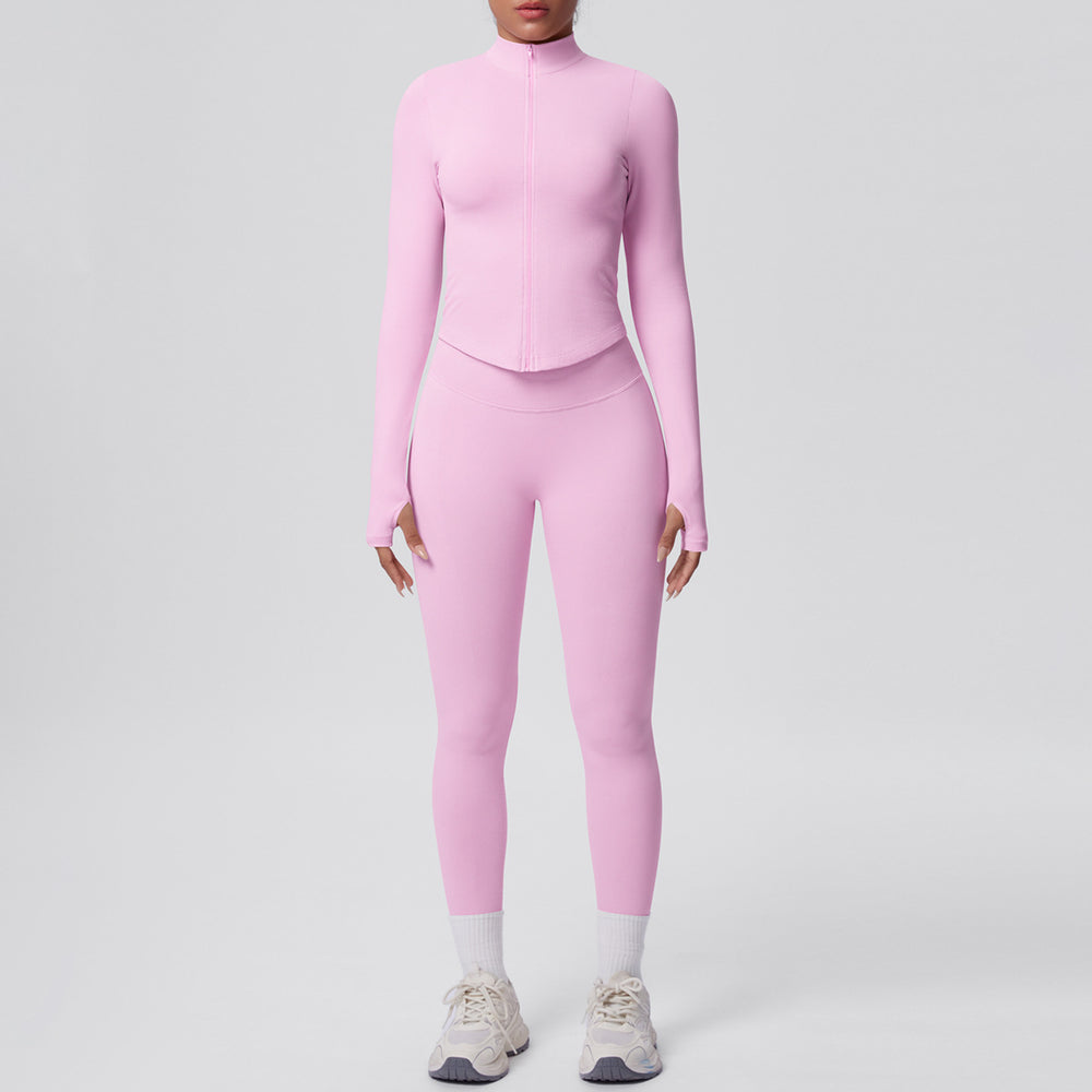 seamless pure color tight high elastic breathable zipper nine-point sports suit running fitness yoga suit two-piece set
