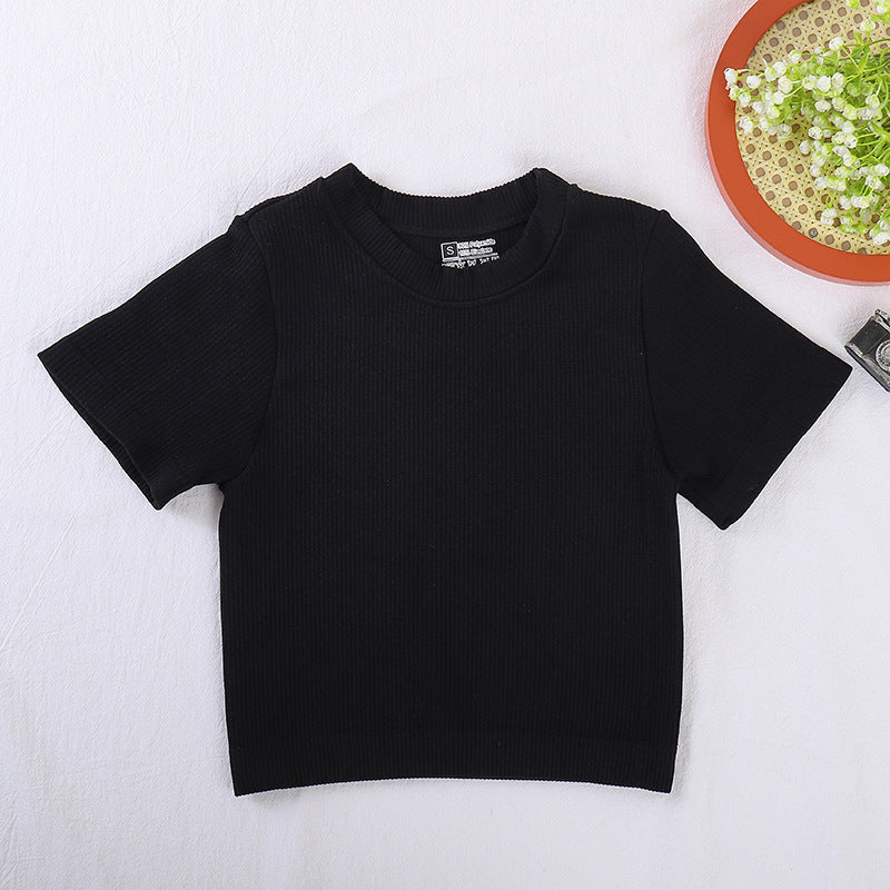 Cross-border new crew neck T-shirt  yoga sports short-sleeved threaded cotton spring and summer pullover short-sleeved top