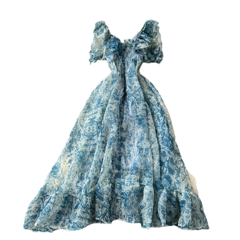 Organza square neck puff sleeve dress women's french elegant fairy waist ruffles puffy vacation long skirt
