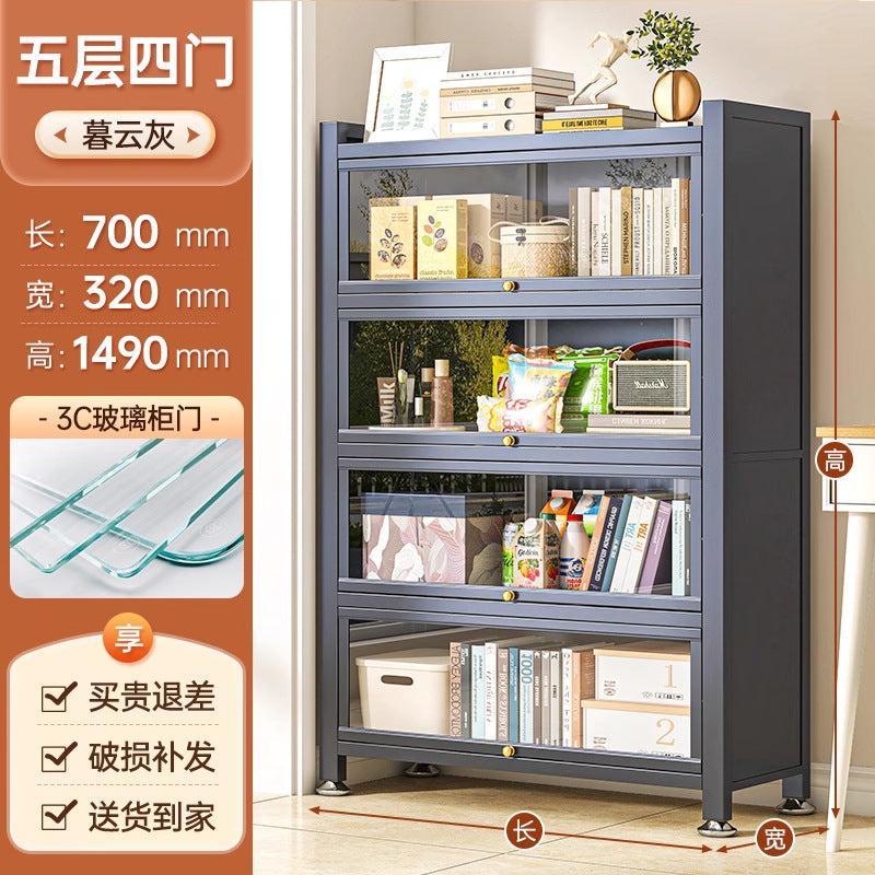 Steel bookcase glass door bookshelf for home living room storage cabinet floor-standing dust-proof figure display cabinet iron storage rack