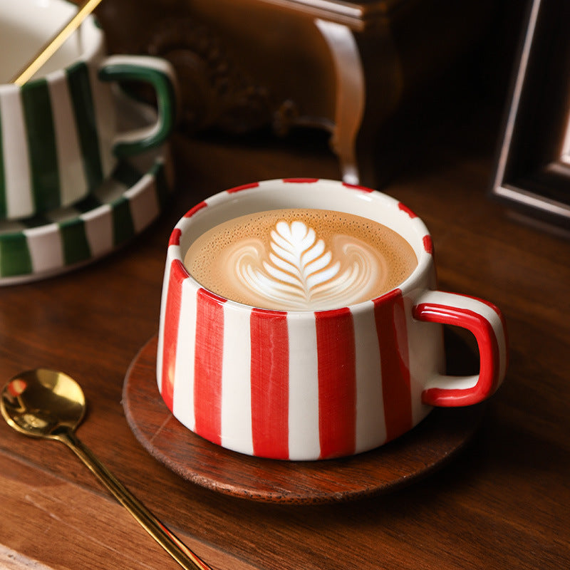 Instagram-worthy creative ceramic coffee mug set - premium striped design, perfect for office afternoon tea, exquisite latte art, and a thoughtful gift. includes mug and saucer