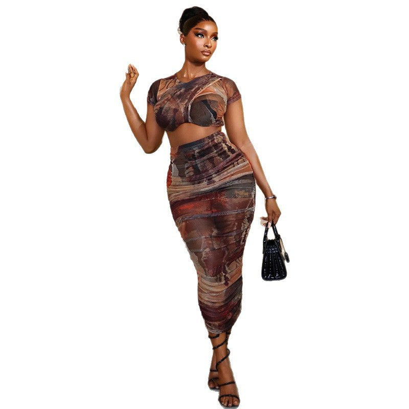 Fashion styleexportcasual color matching women's pullover printing round neck skirt suit short-sleeved hip-covering skin-friendly trendy two-piece set