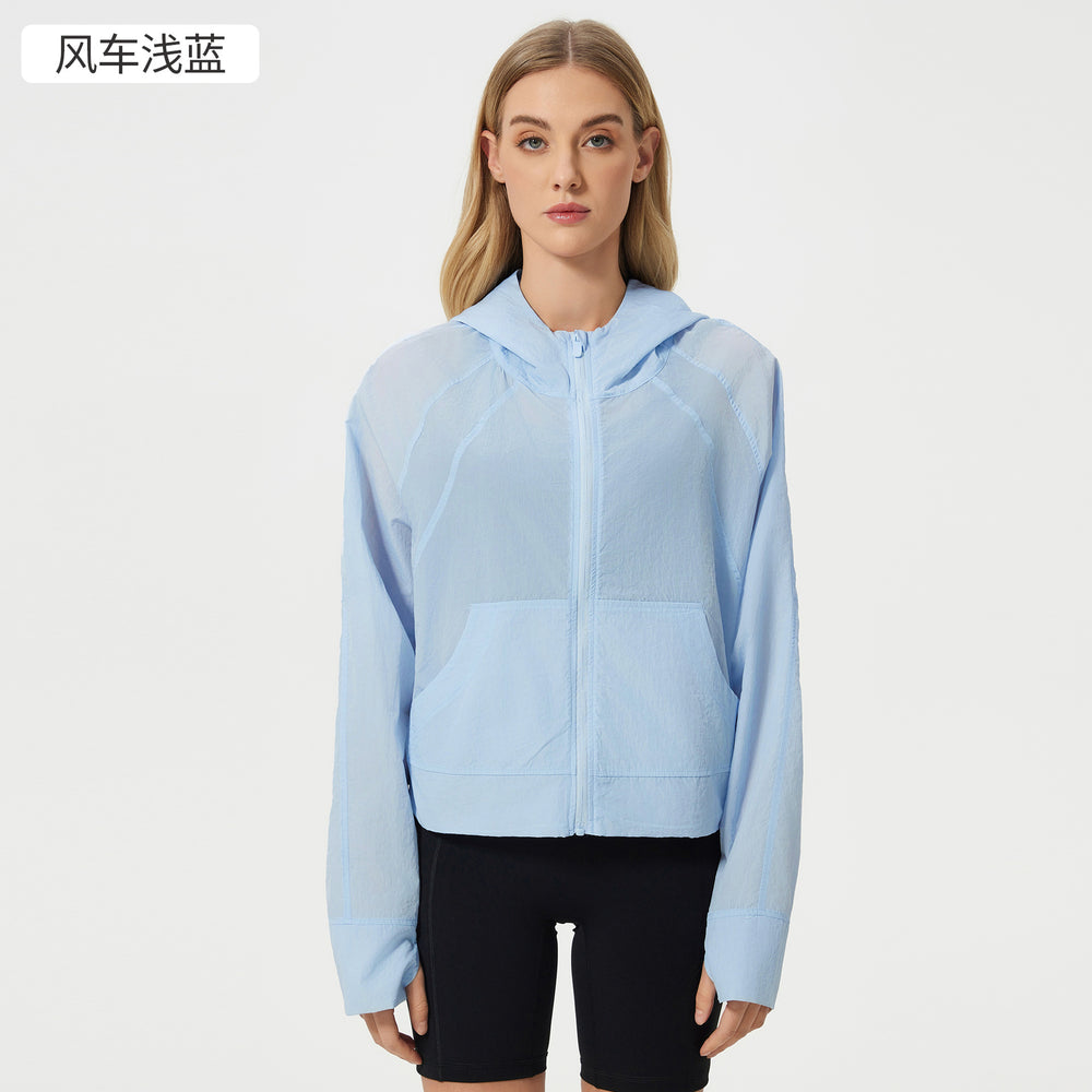 Summer lightweight breathable quick-dry sports windbreaker loose fit versatile hooded outdoor zip-up cardigan jacket for women d25007