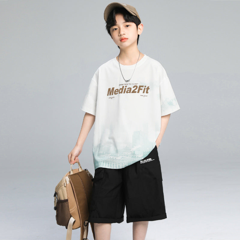Boys' short-sleeve and shorts set: trendy crew neck t-shirt for boys, summer , versatile base layer, athletic top