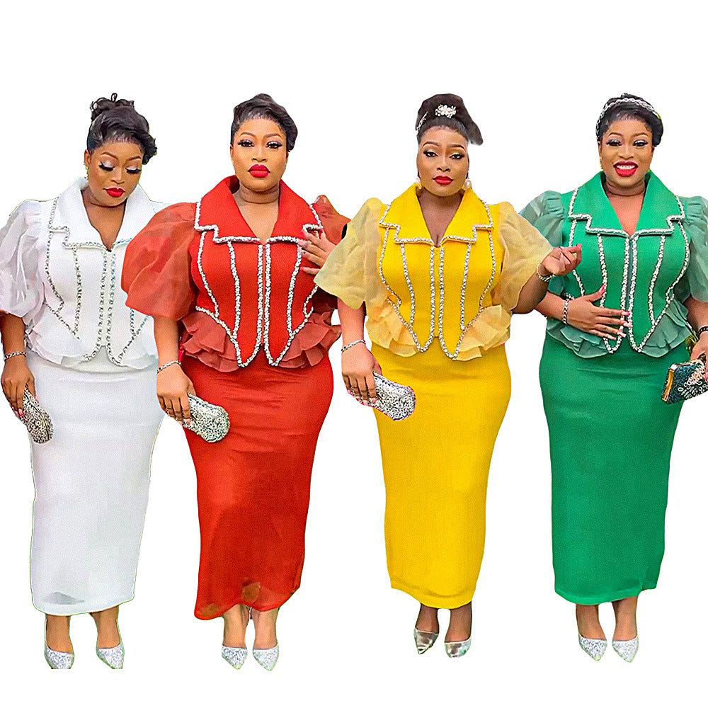 African plus size women's skirt suit cross-border export  new rhinestone patchwork two-piece dress