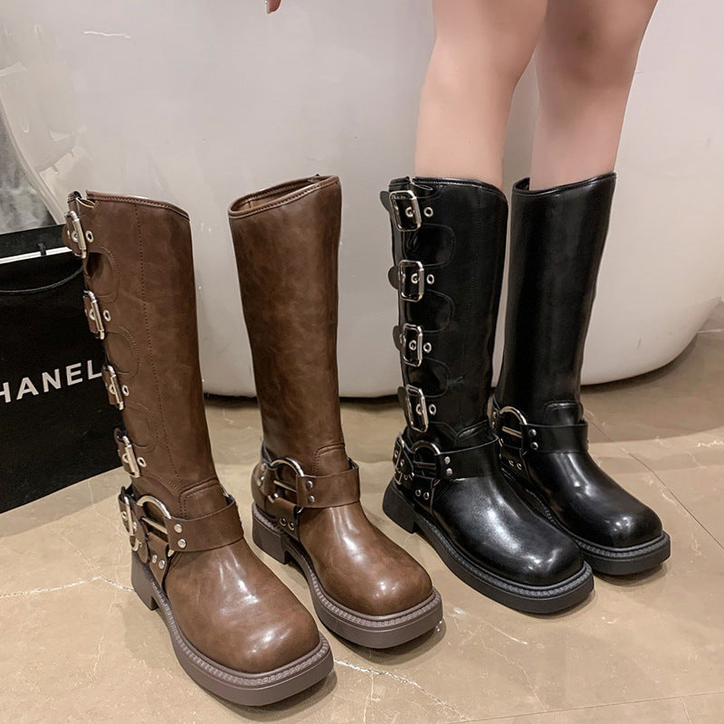 2023 retro women's boots leather thick heel high boots square head knight boots brown high fashion boots