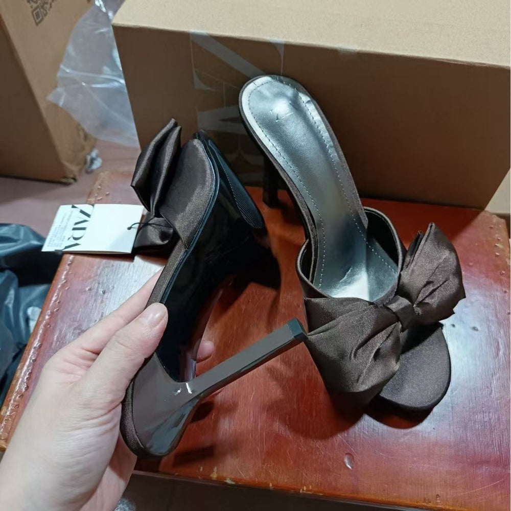 Za 2024 autumn new collection silk satin bowknot stiletto heel round toe open back espadrille sandals - sweet & chic women's footwear