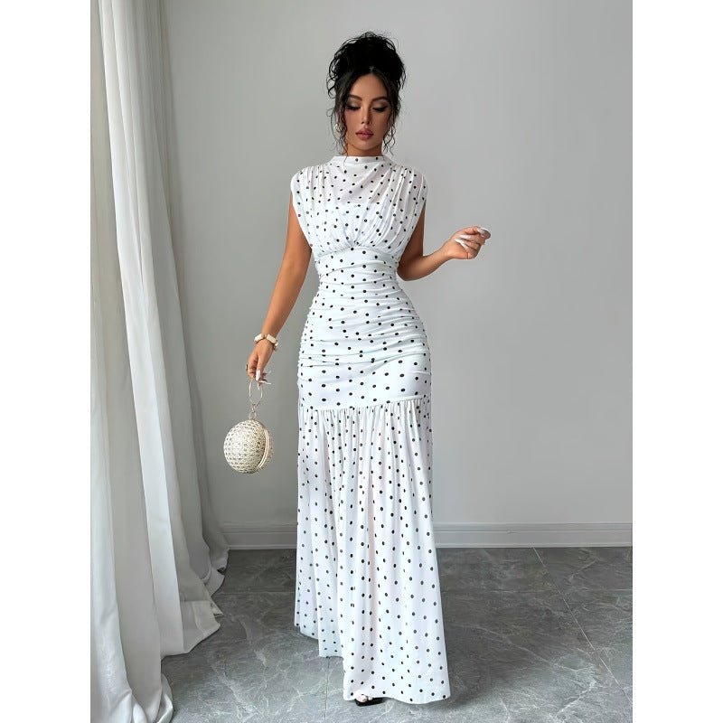 Women's summer new fashion elegant polka dot print ruched bust cinched waist sleeveless maxi dress