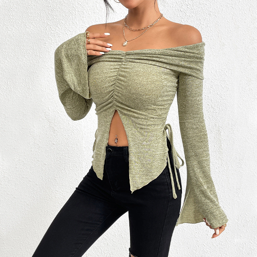 european and american women's clothing  fall/winter new collection: off-the-shoulder slit flare sleeve long-sleeve knit t-shirt - sexy top