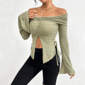 european and american women's clothing  fall/winter new collection: off-the-shoulder slit flare sleeve long-sleeve knit t-shirt - sexy top