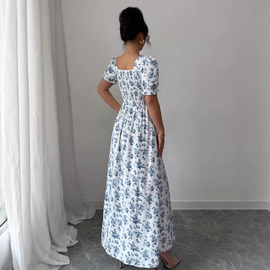 new european and american style printed v-neck summer bubble sleeve dress