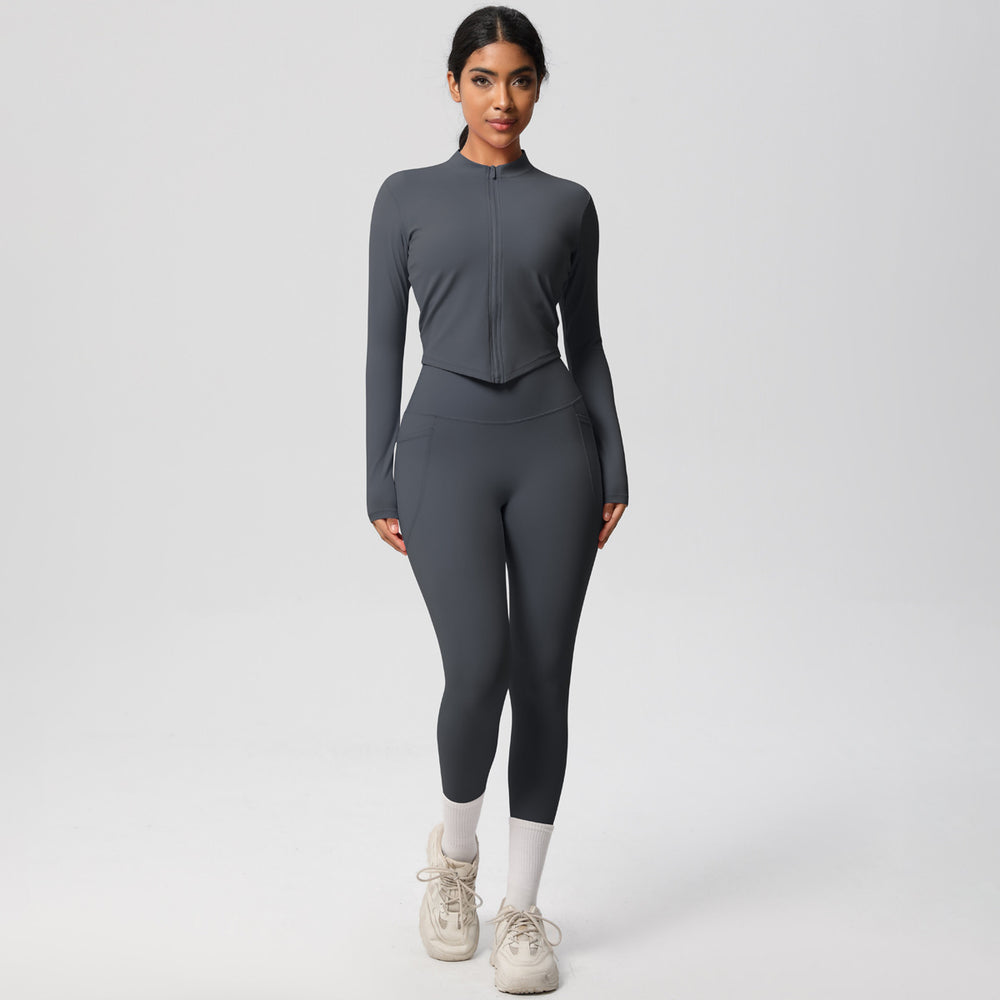 European and american nude feel compression zip-up yoga set - high-waisted pocket quick-dry activewear running fitness two-piece outfit
