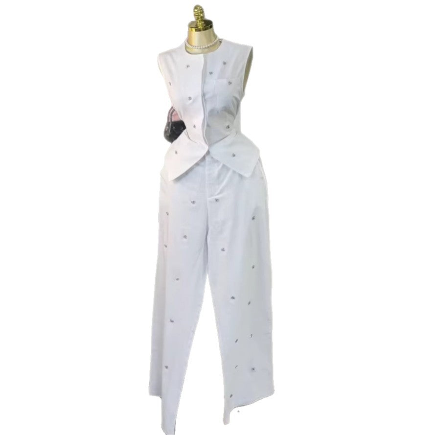 Fashion cross-border women's clothing  summer new arrivalelegant round neck sleeveless diamond-encrusted vest vest high waistpantssuit