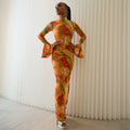 European and american cross-border women's fashion:  spring/summer new arrival - elegant printed turtleneck flared sleeve slim-fit maxi dress